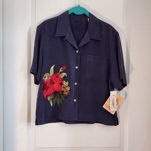 Pusser's West Indies Women's Blouse Embroidered 100% Silk Navy Button Down  Sz M